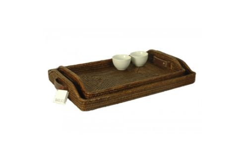 Dienblaad Riet met Lederen Handvat Groot 54x32cm
