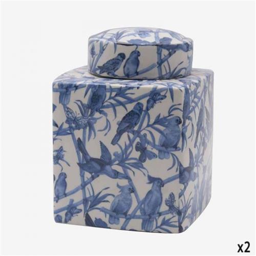 Quaint & Quality Square pot with lid with blue parrots 21cm