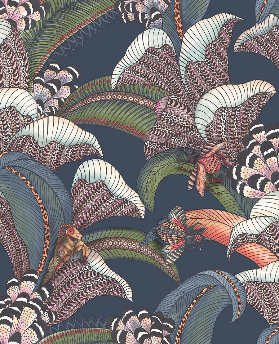 Cole & Son Jabula Hoopoe Leaves, Denim, Forest Green & Magenta on Midnight