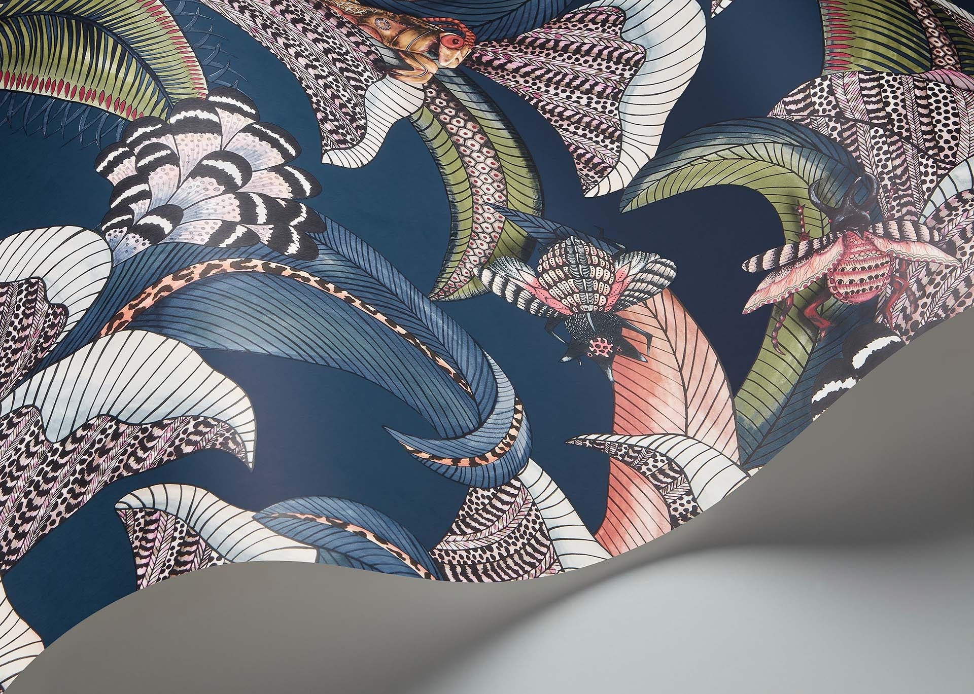 Cole & Son Jabula Hoopoe Leaves, Denim, Forest Green & Magenta on Midnight