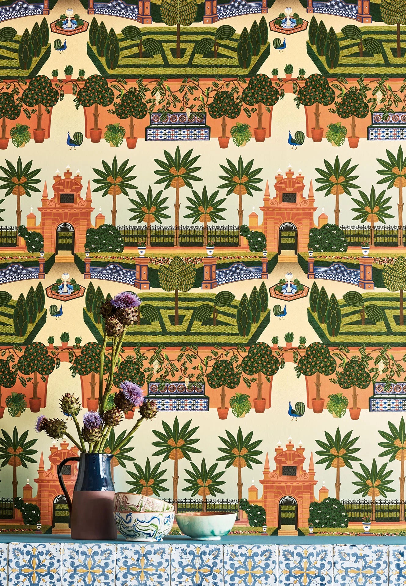 Cole & Son Serville Alcazar Gardens, Terracotta & Spring Green Multi