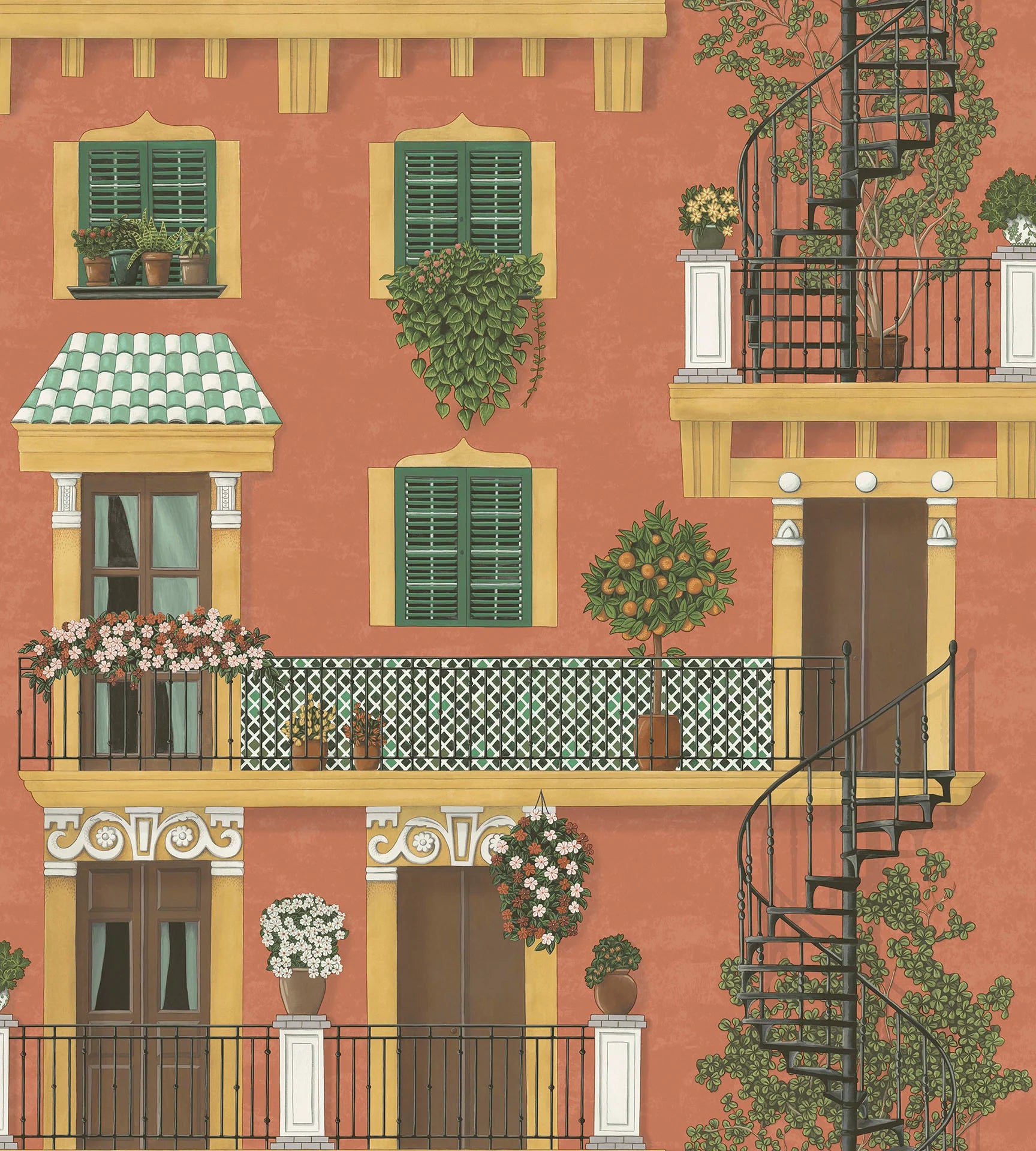 Cole & Son Seville Alfaro, Ochre & Racing Car Green on Terracotta