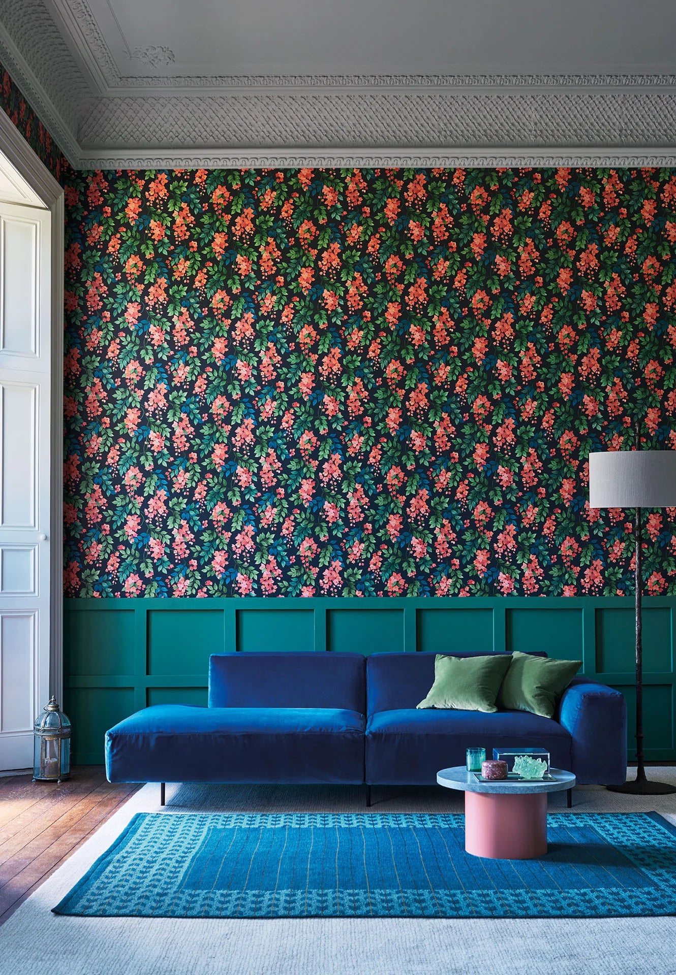 Cole & Son Seville Bougainvillea, Rouge, Leaf Green & Cerulean Sky on Charcoal