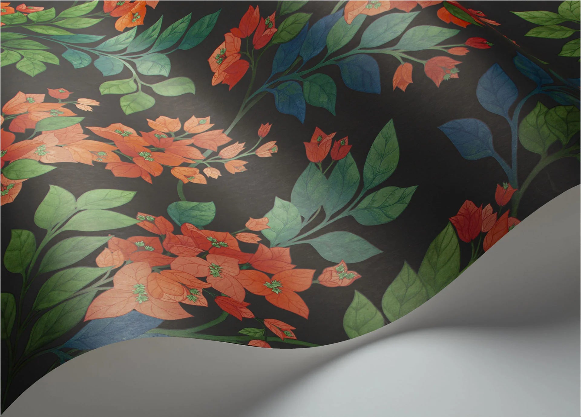 Cole & Son Seville Bougainvillea, Rouge, Leaf Green & Cerulean Sky on Charcoal