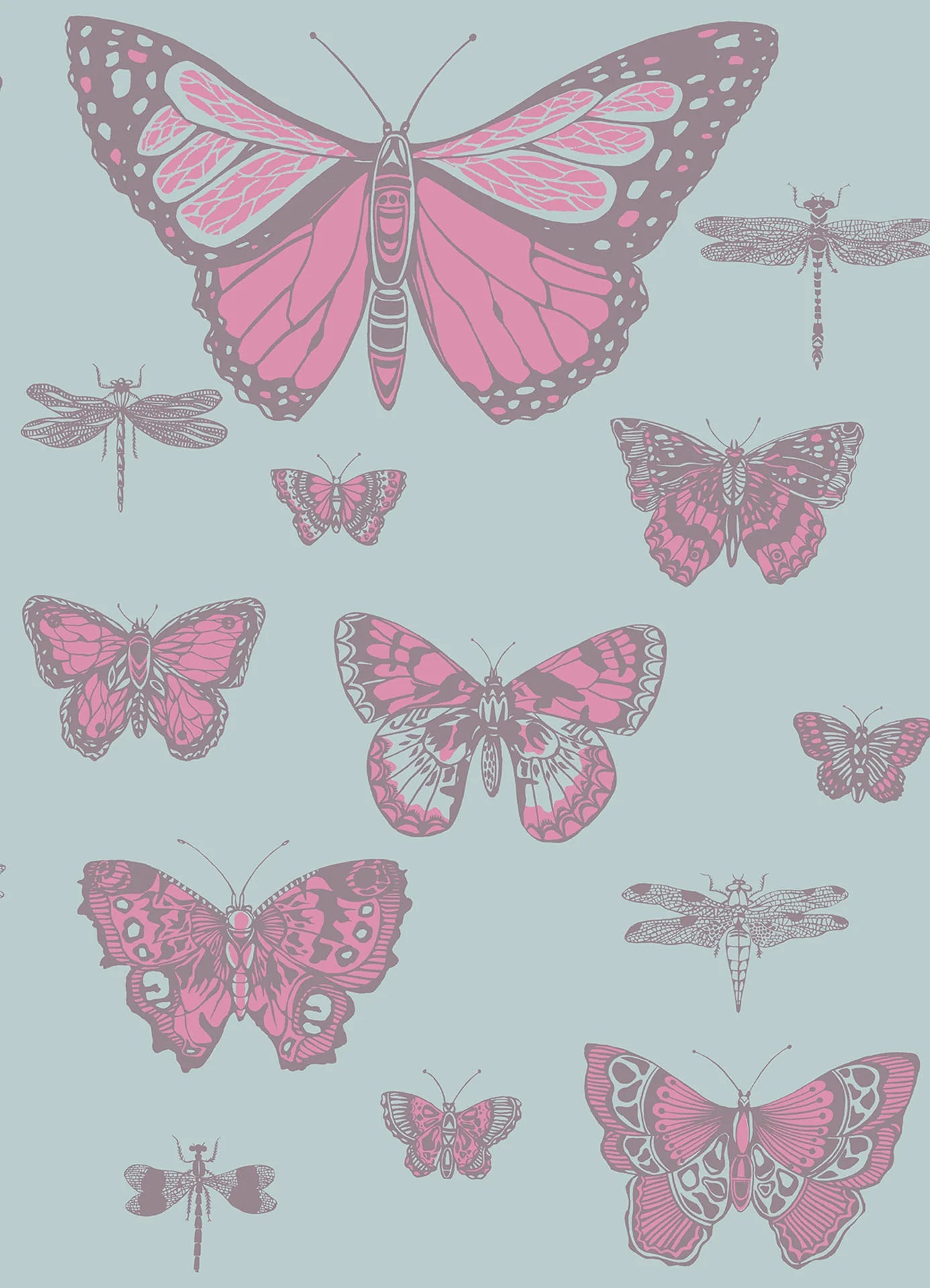 Cole & Son Whimsical Butterflies & Dragonflies, Fuchsia & Mink on Seafoam