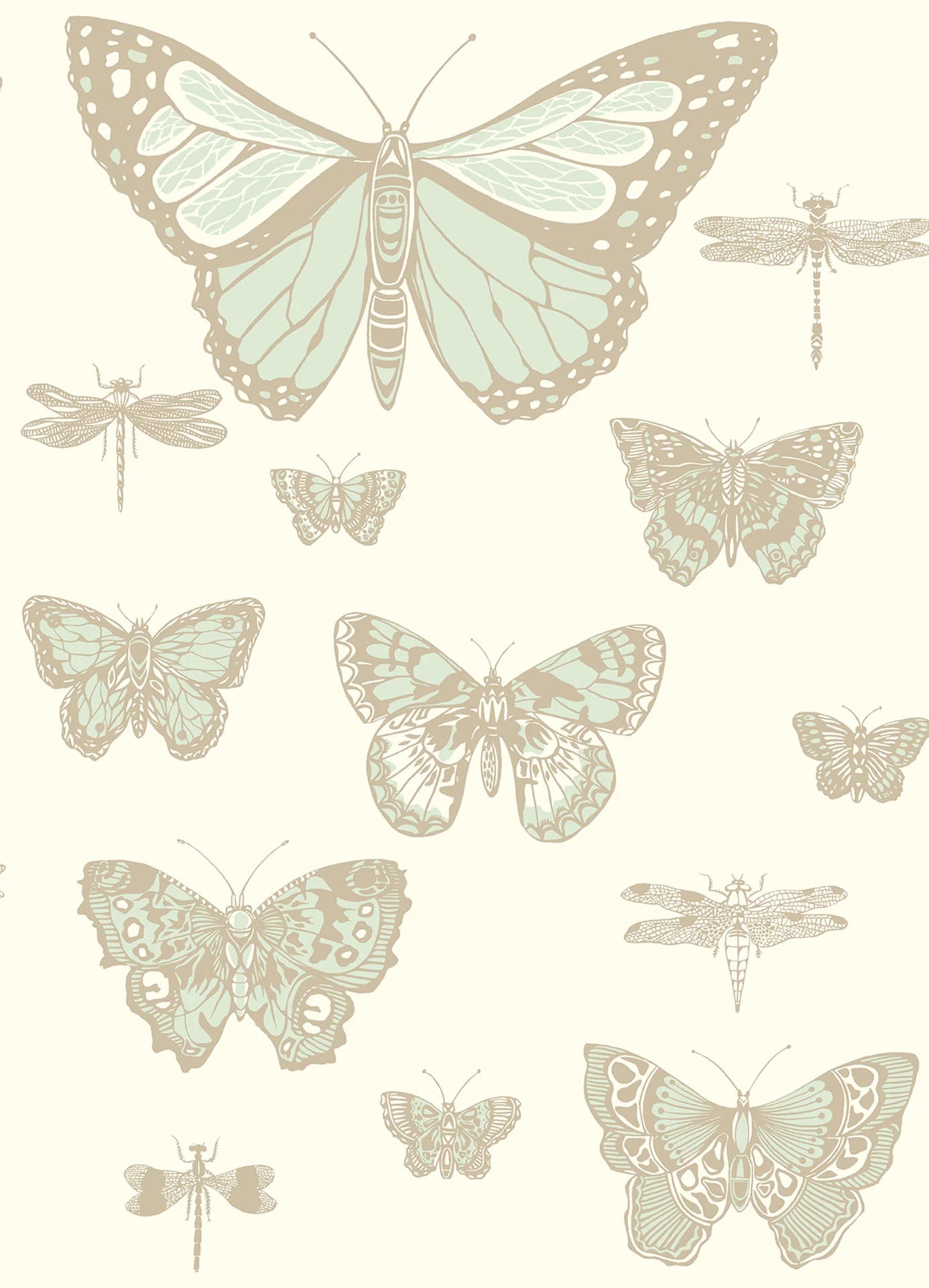 Cole & Son Whimsical Butterflies & Dragonflies, Duck Egg & Metallic Gilver on Pale Cream