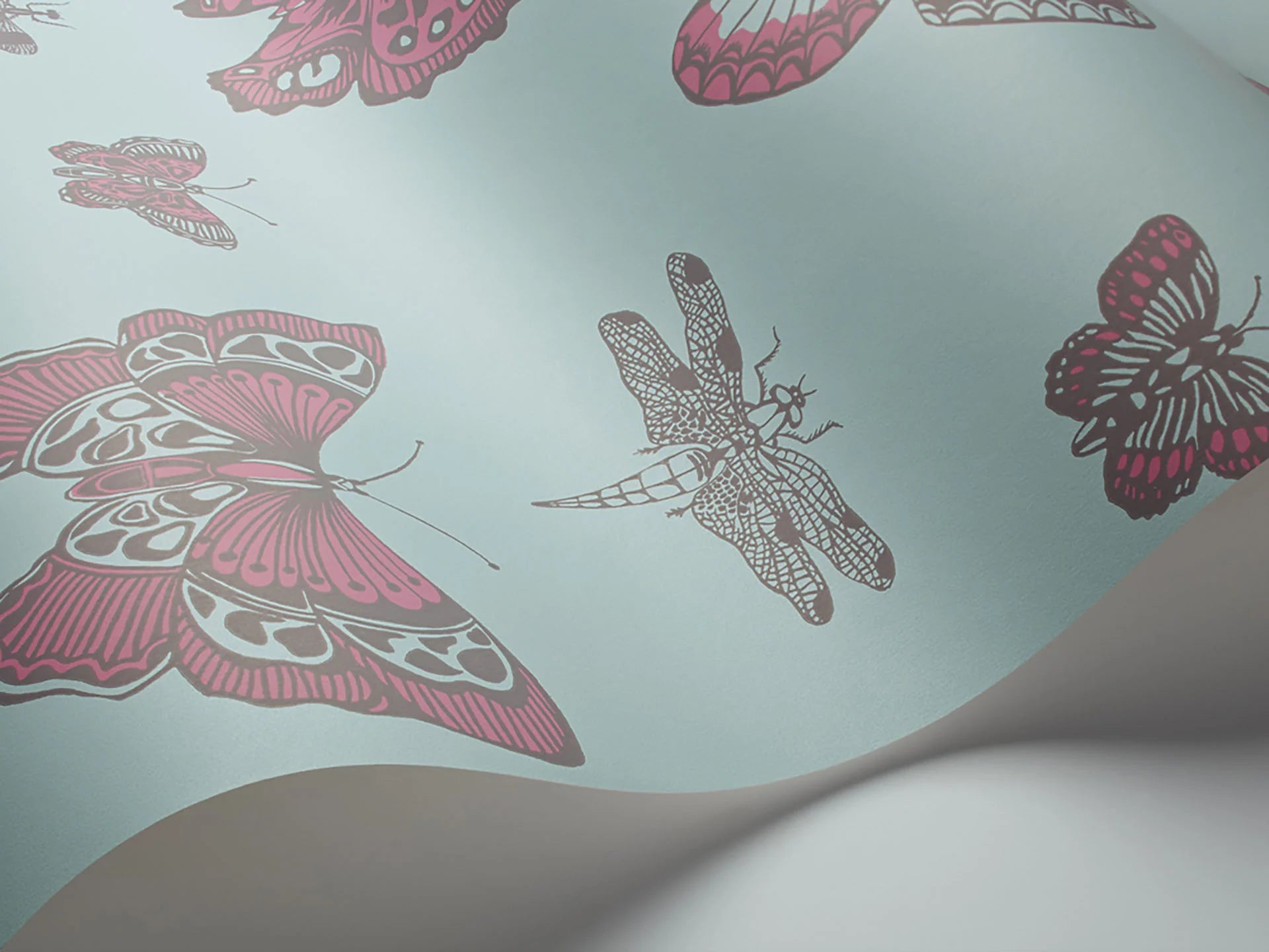 Cole & Son Whimsical Butterflies & Dragonflies, Fuchsia & Mink on Seafoam