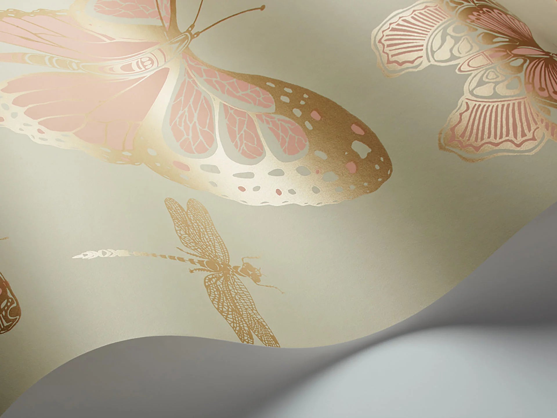 Cole & Son Whimsical Butterflies & Dragonflies, Alabaster & Metallic Gold on Eau Du Nil