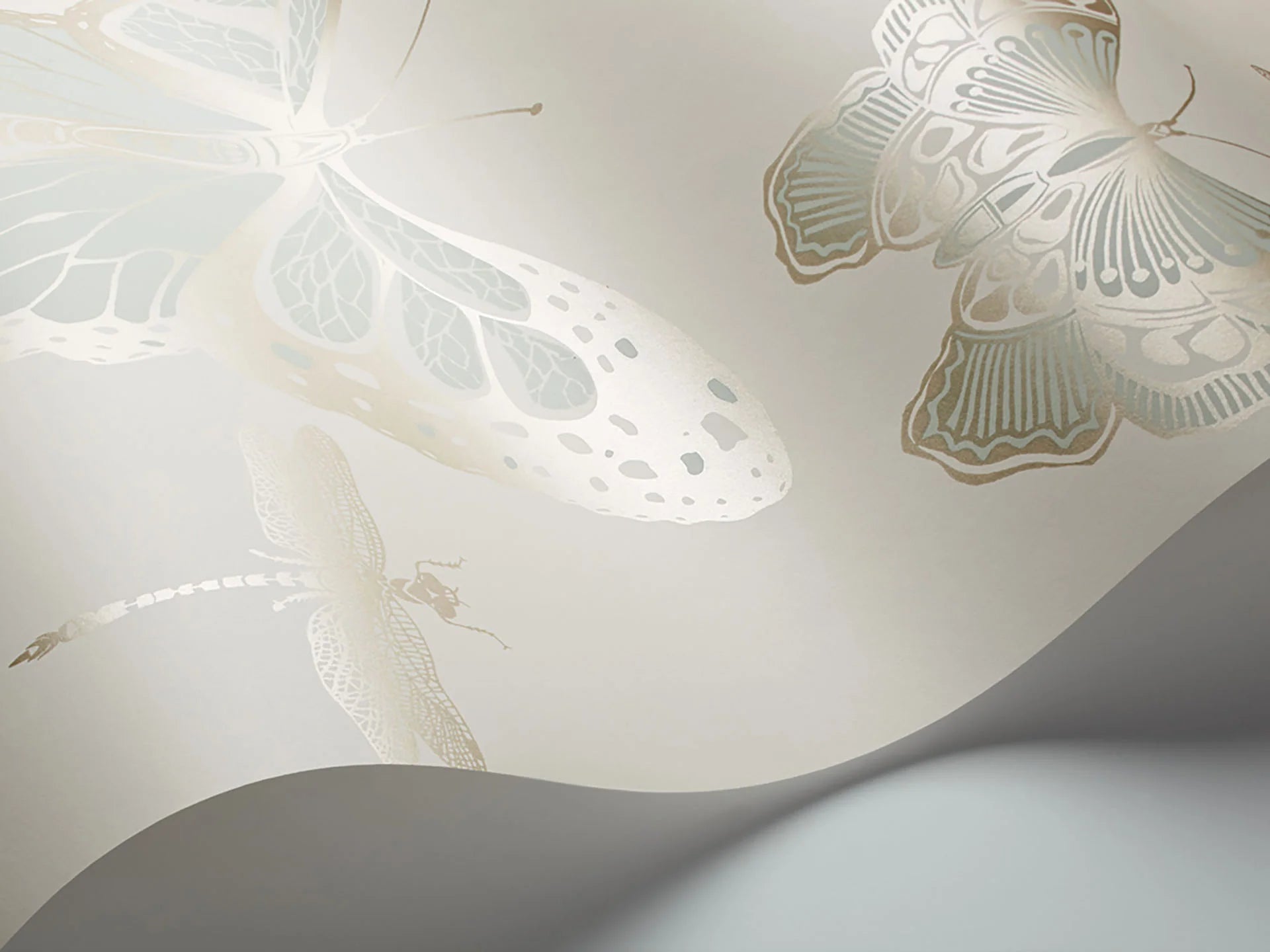 Cole & Son Whimsical Butterflies & Dragonflies, Duck Egg & Metallic Gilver on Pale Cream