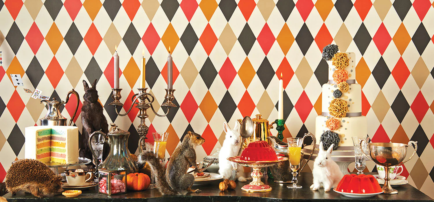Cole & Son Whimsical Punchinello, Reds & Charcoal on Parchment