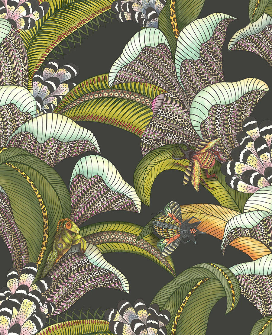 Cole & Son Jaluba Hoopoe Leaves, Olive Green, Chartreuse & Fuchsia on Black