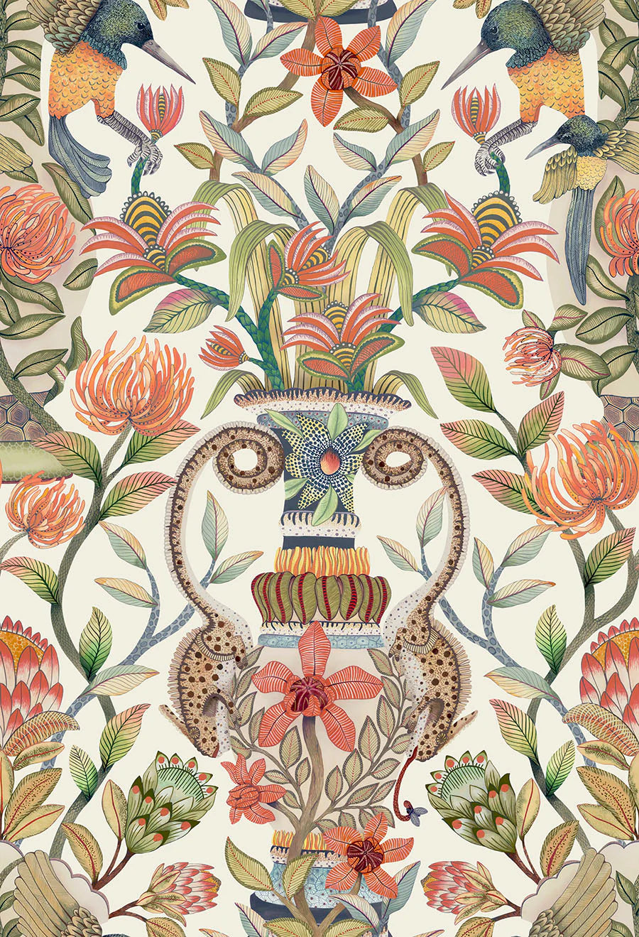 Cole & Son Jabula Protea Garden Silk, Olive Green & Tangerine on White