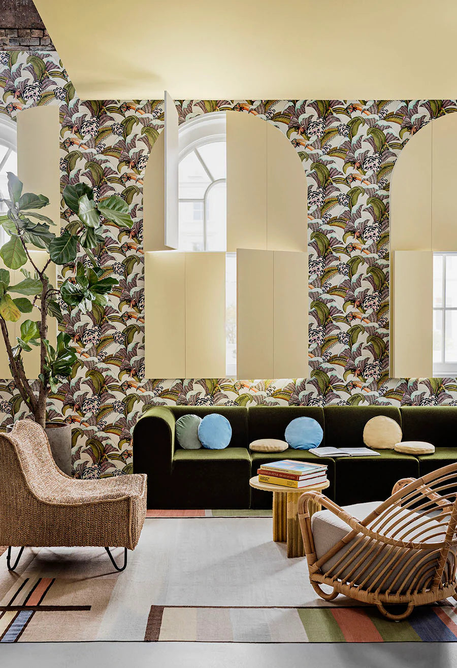 Cole & Son Jabula Hoopoe Leaves, Olive, Chartreuse & Fuchsia on Cream