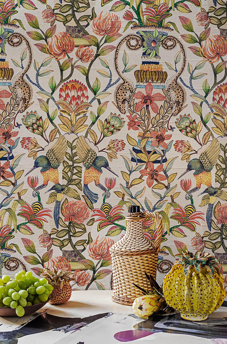 Cole & Son Jabula Protea Garden Silk, Olive Green & Tangerine on White