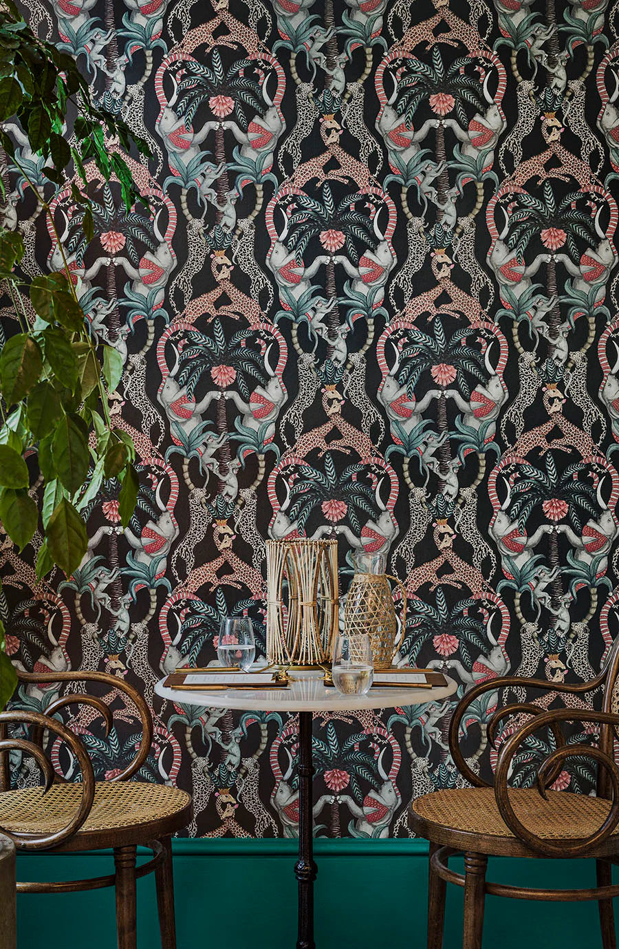 Cole & Son Jabula Safari Totem, Ruby & Print Room Blue on Charcoal