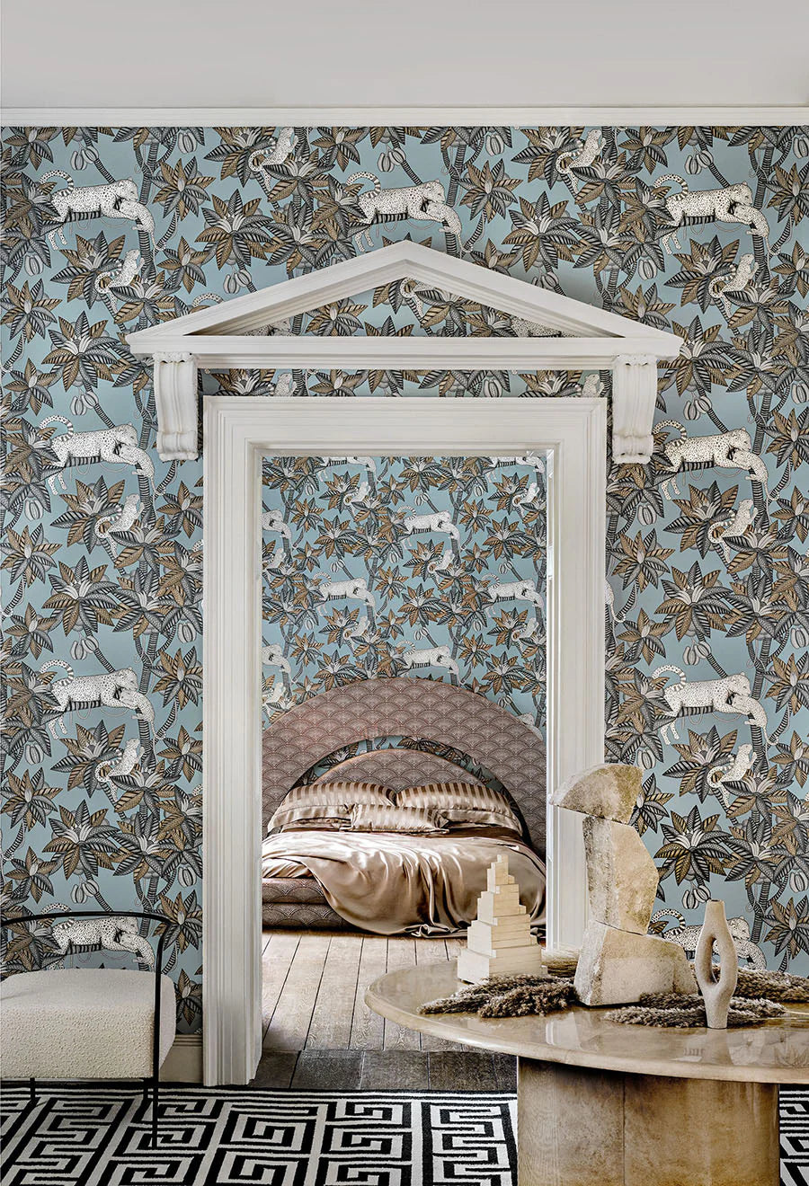 Cole & Son Jabula Satara, Slate & White Mica on Print Room Blue