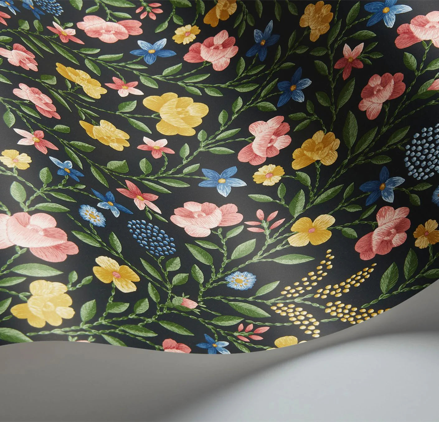 Cole & Son Historic Royal Palaces Court Embroidery, Yellow, Rose & Hyacinth Blue on Charcoal
