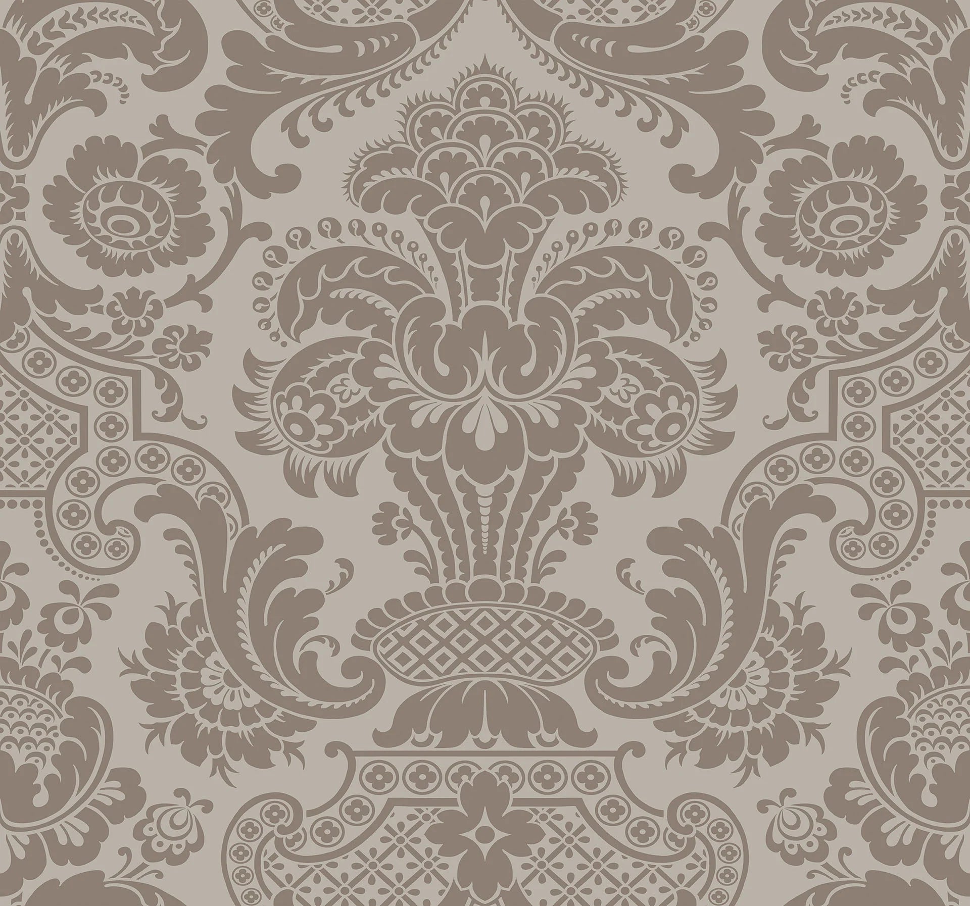 Cole & Son Mariinsky Damask Carmen, Metallic Rose Gold on Dark Taupe