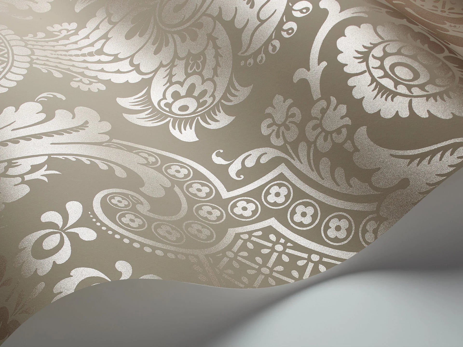 Cole & Son Mariinsky Damask Carmen, Metallic Rose Gold on Dark Taupe