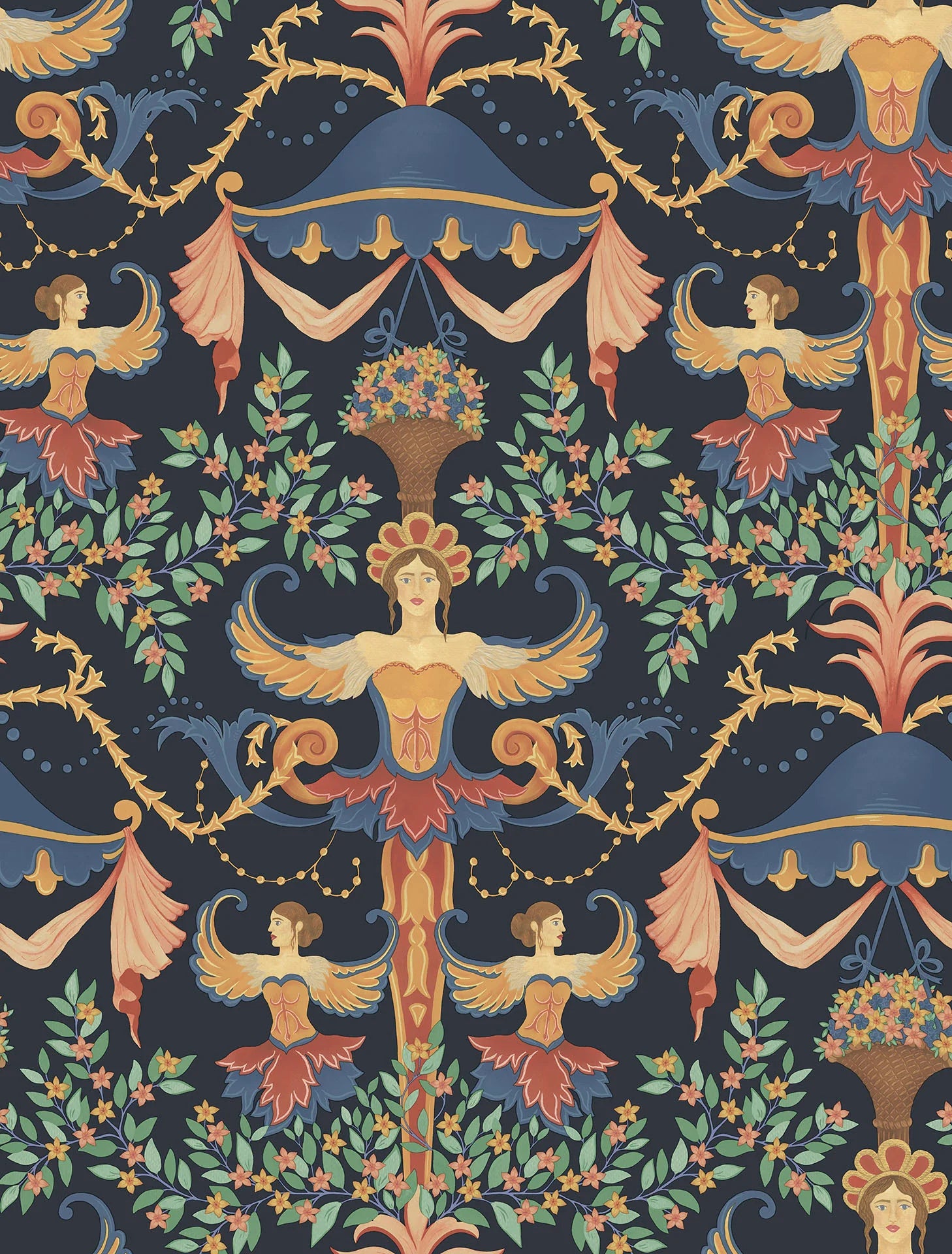 Cole & Son Historic Royal Palaces Chamber Angels, Denim, Red & Marigold on Ink