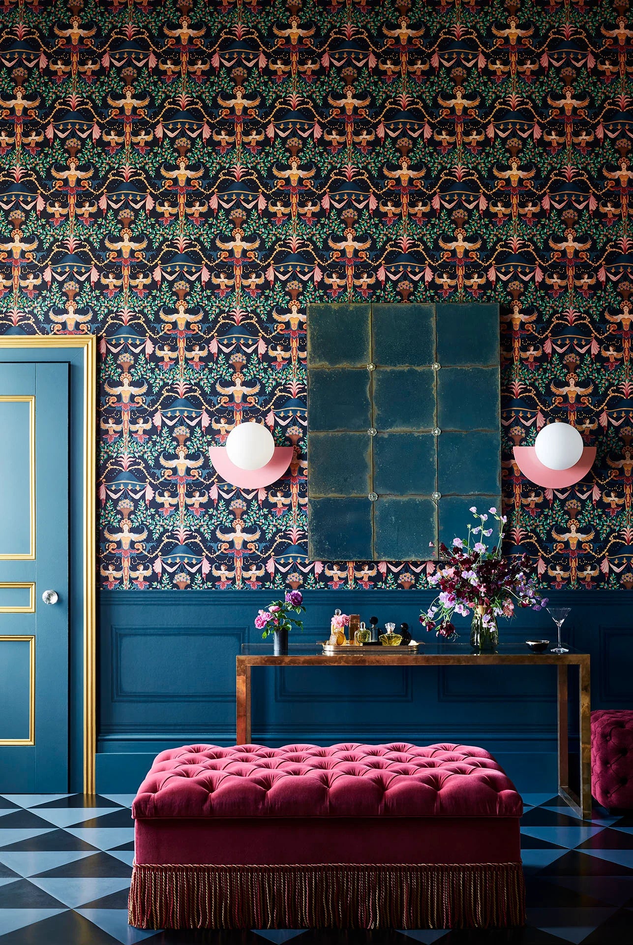 Cole & Son Historic Royal Palaces Chamber Angels, Denim, Red & Marigold on Ink
