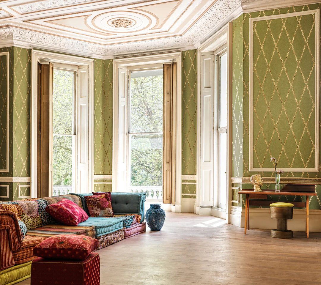 Cole & Son Fornasetti Senza Tempo II, Cammei, Antique Gold on Olive