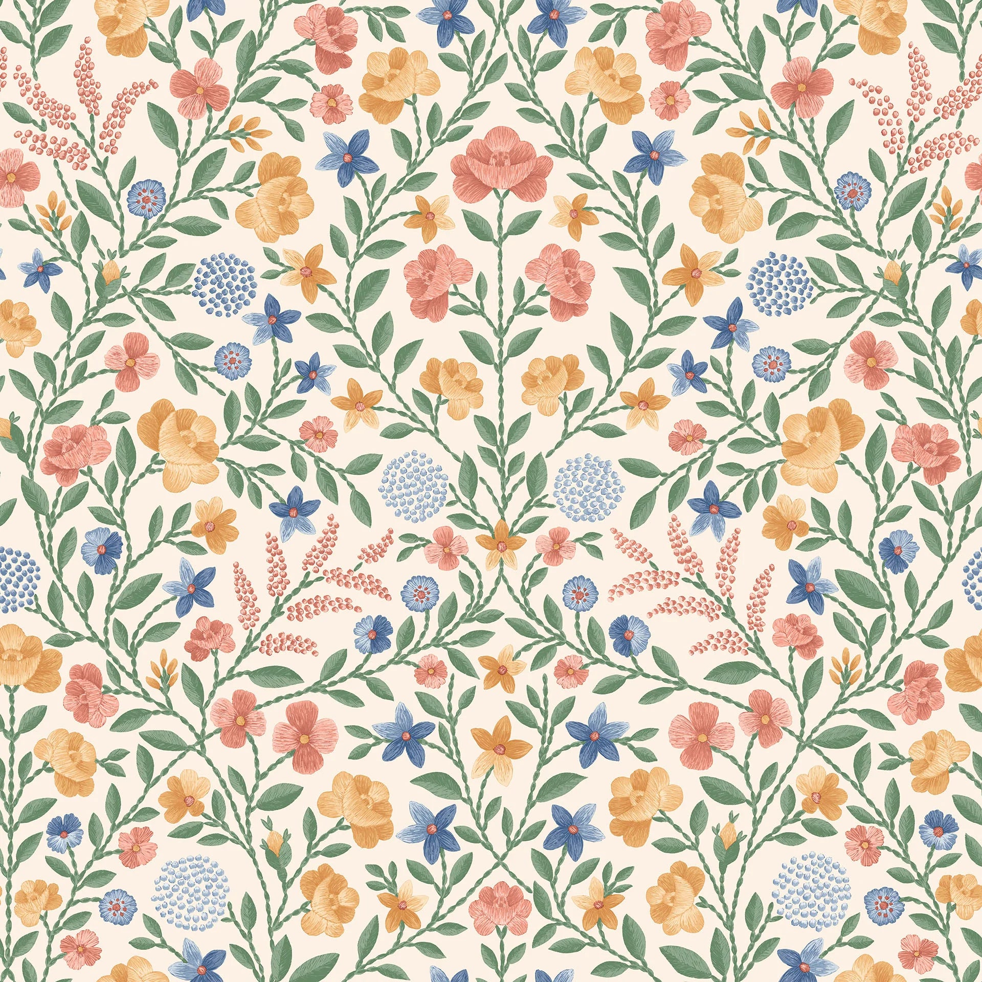 Cole & Son Historic Royal Palaces Court Embroidery, Coral, Marigold, Hyacinth on Parchment