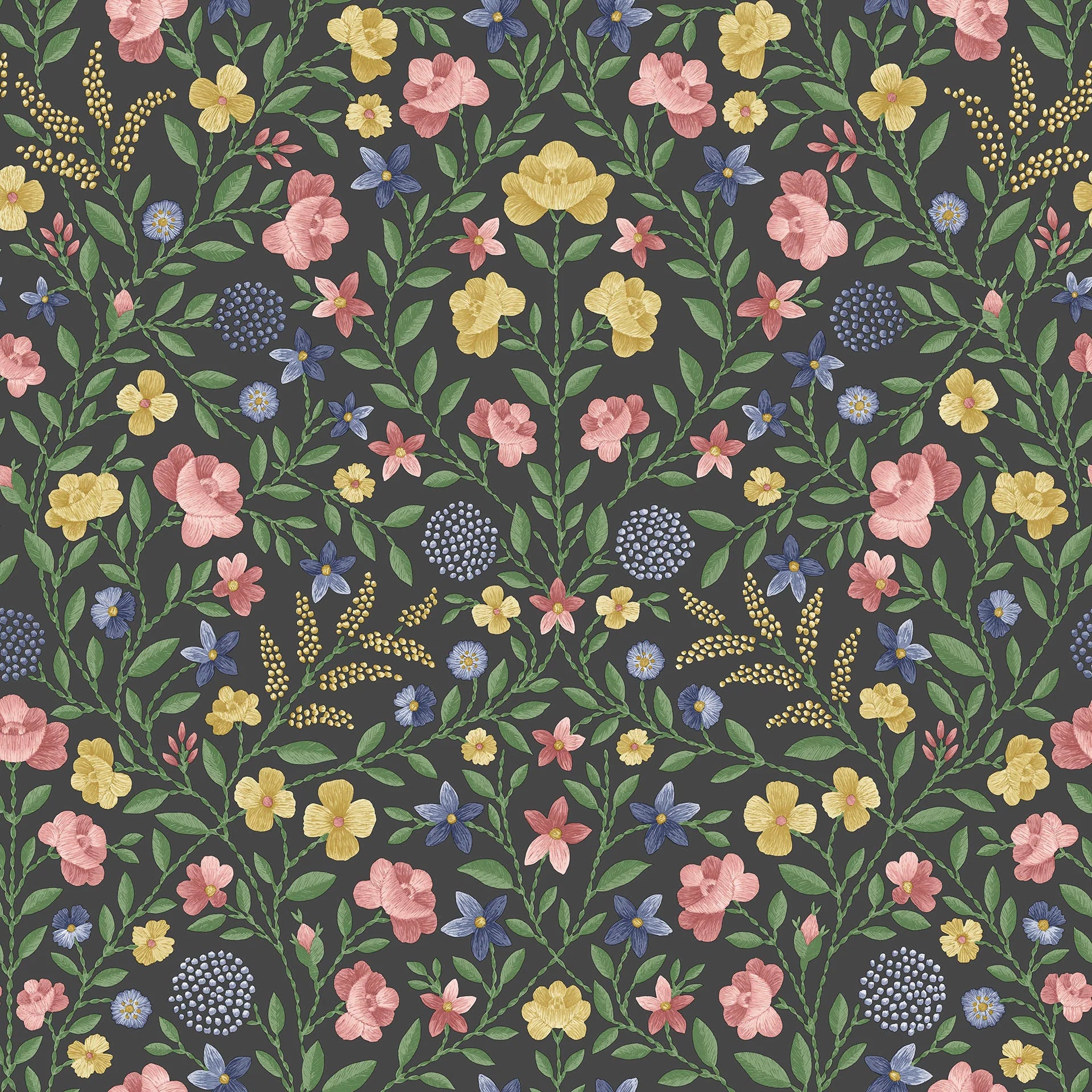 Cole & Son Historic Royal Palaces Court Embroidery, Yellow, Rose & Hyacinth Blue on Charcoal