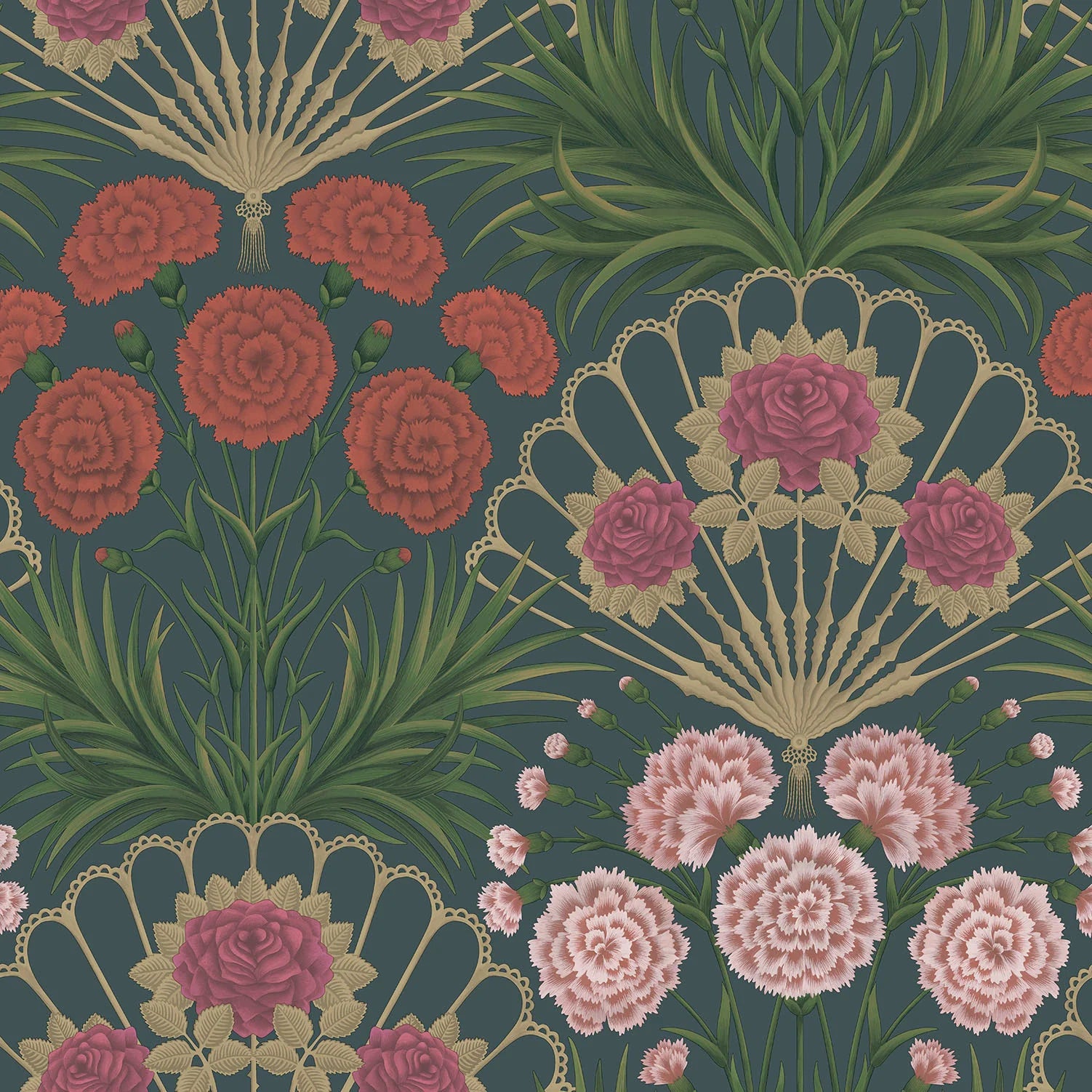 Cole & Son Seville Flamenco fan, Magenta, Red & Metallic Gilver on Ink