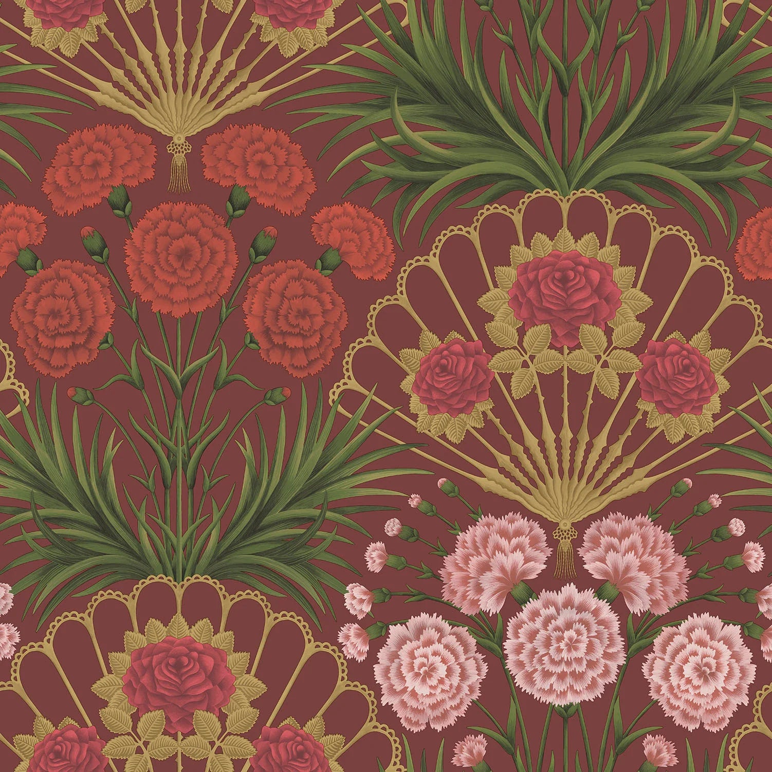 Cole & Son Seville Flamenco fan, Rose, Bright Rouge & Metallic Gold on Crimson