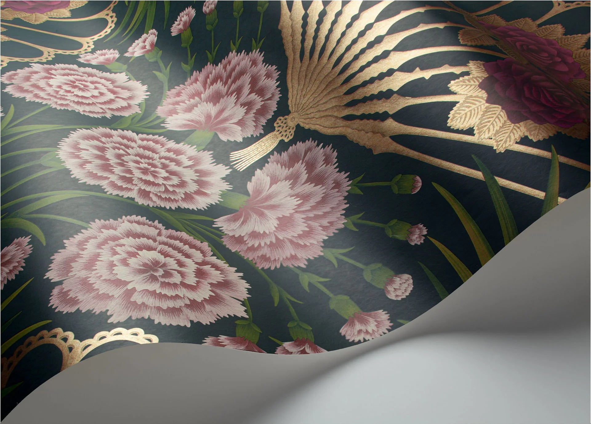 Cole & Son Seville Flamenco fan, Magenta, Red & Metallic Gilver on Ink