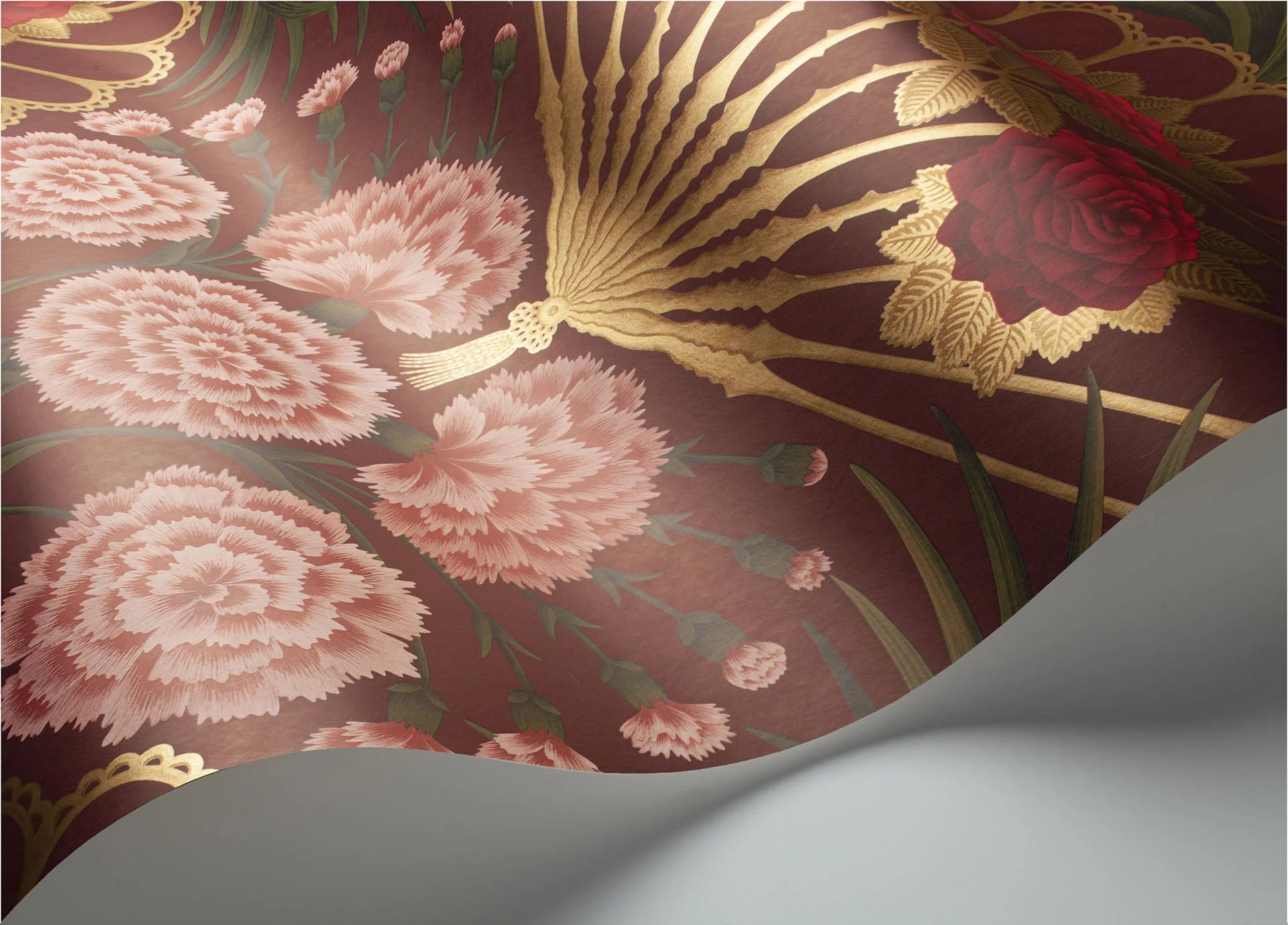 Cole & Son Seville Flamenco fan, Rose, Bright Rouge & Metallic Gold on Crimson