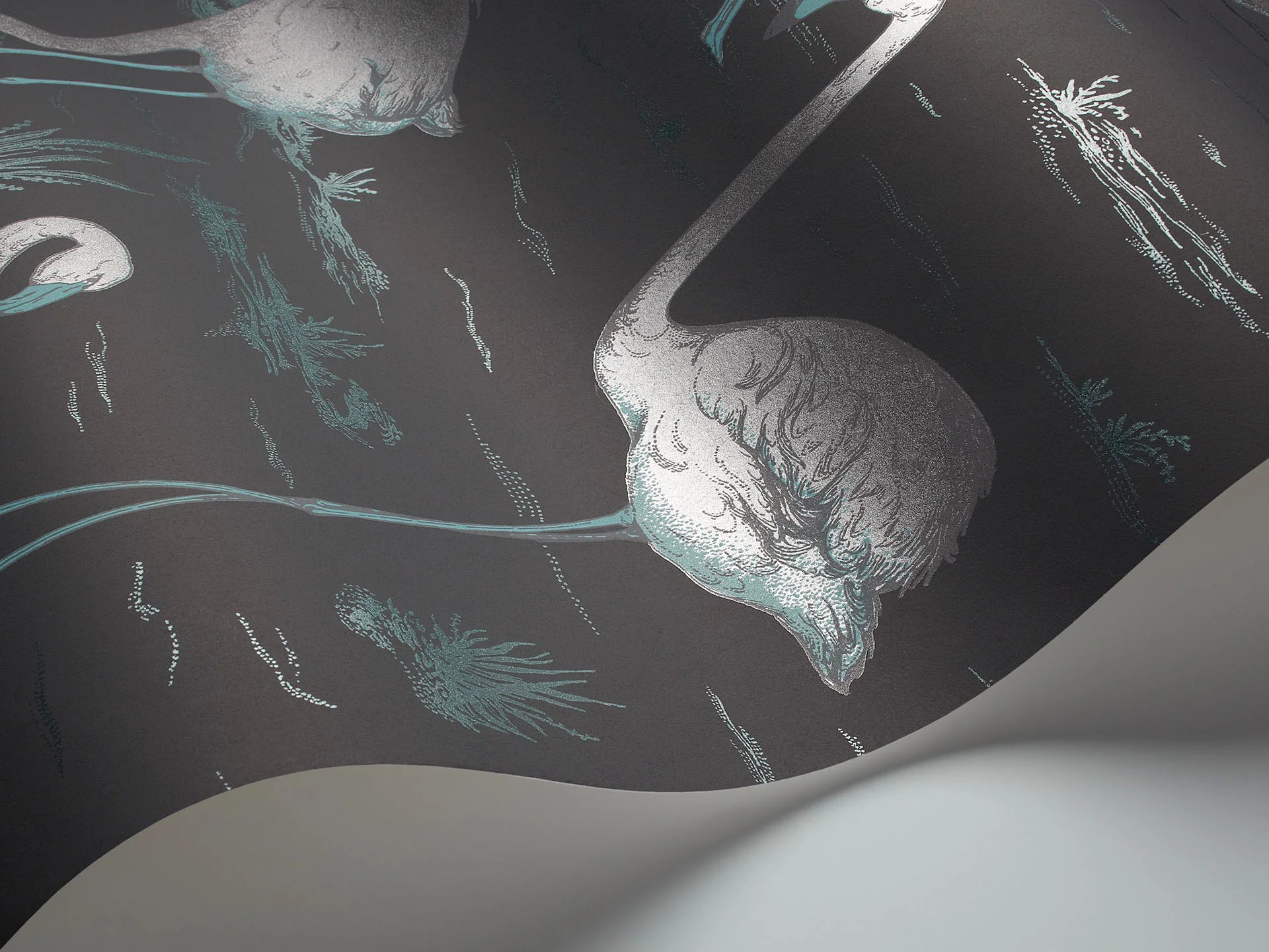 Cole & Son Contemporary Collection, Flamingos, Metallic Silver & Teal on Charcoal