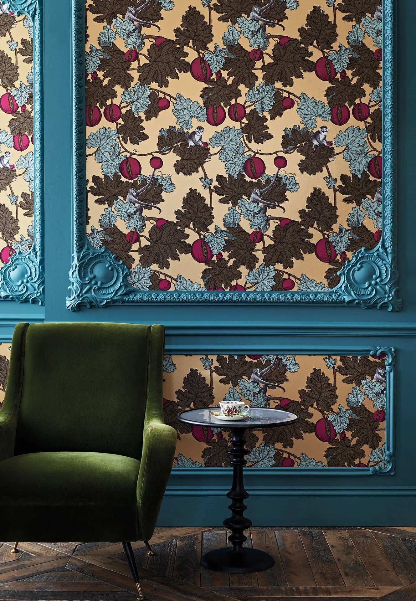 Cole & Son Fornasetti Frutto Proibito, Print Room Blue & Magenta on Metallic Gold