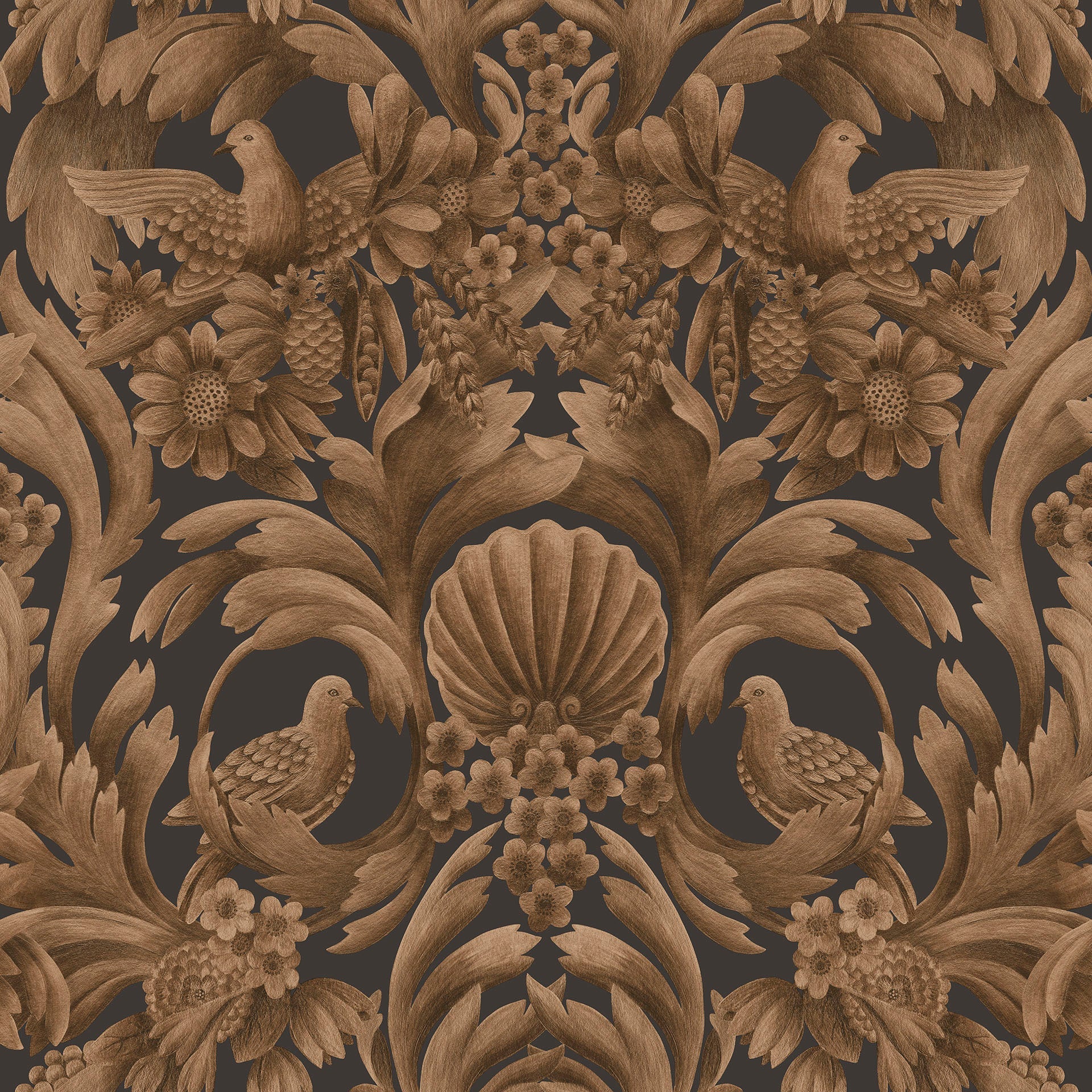Cole & Son Historic Royal Palaces Gibbons Carving, Metallic Bronze on Charcoal