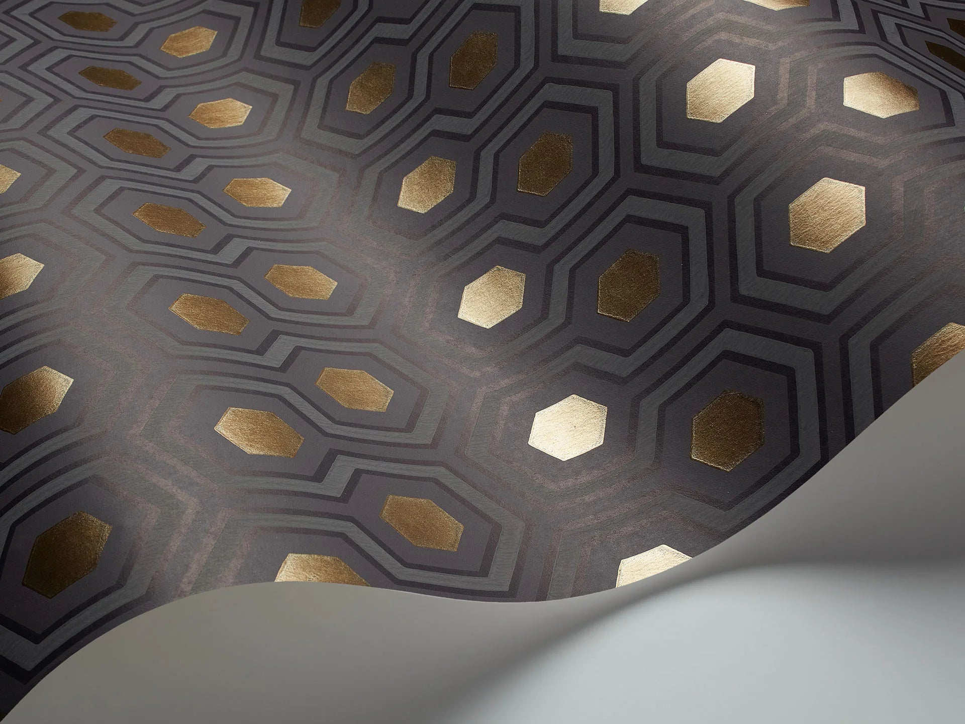 Cole & Son Contemporary Collection Hicks' Hexagon, Black & Metallic Gold on Soft Olive