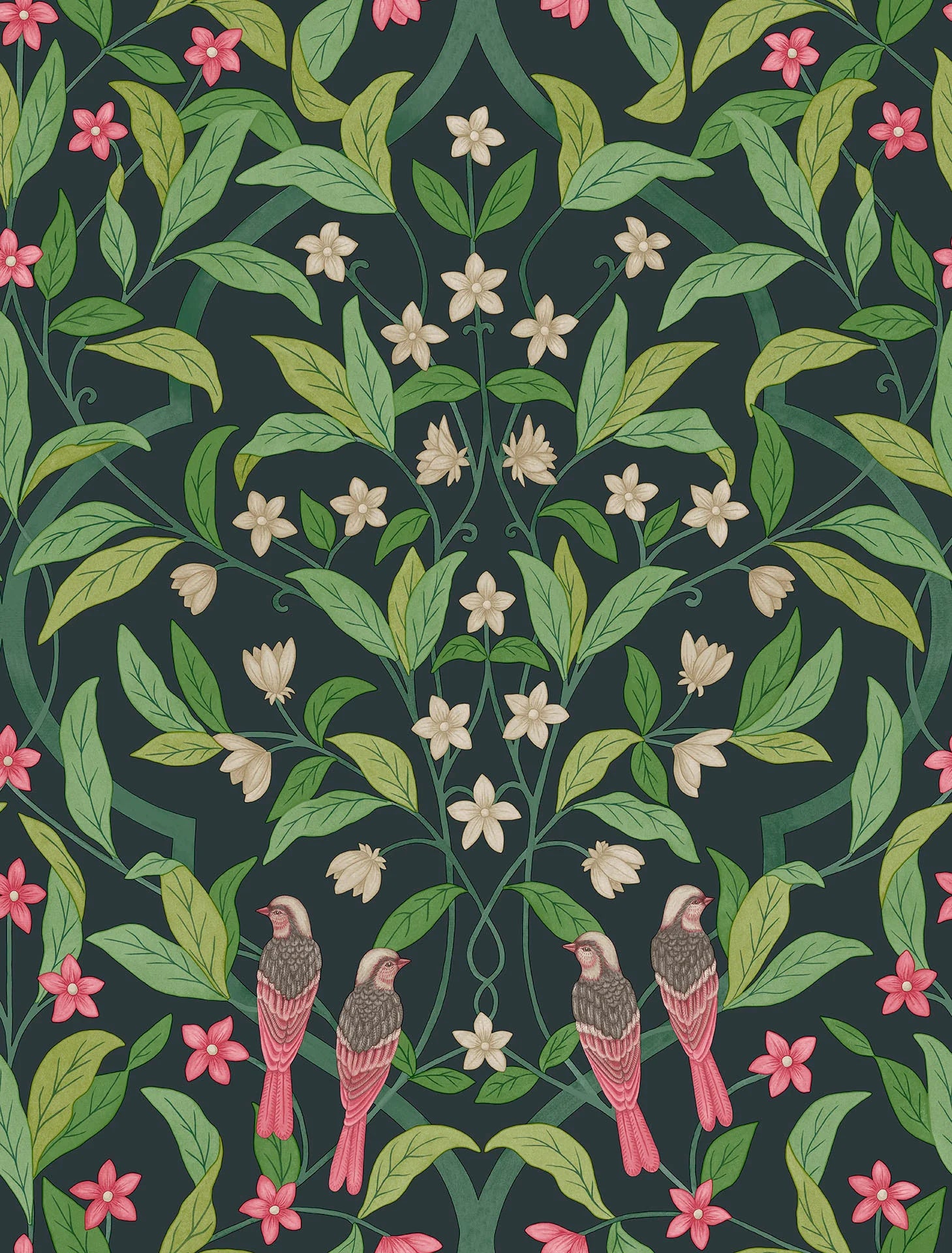 Cole & Son Seville Jasmine & Serin Symphony, Rose & Racing Car Green on Dark Viridian