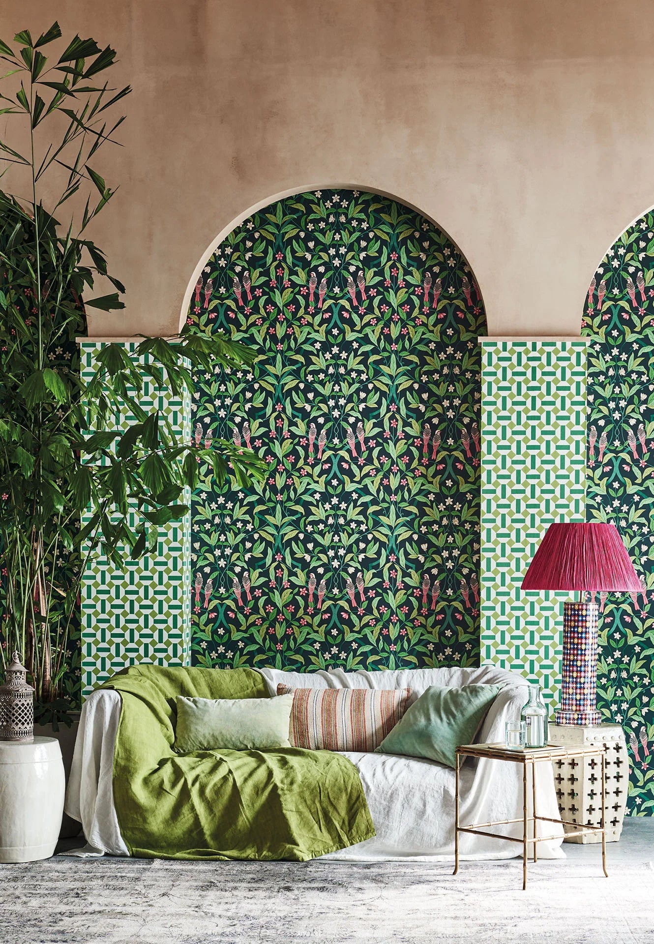 Cole & Son Seville Jasmine & Serin Symphony, Rose & Racing Car Green on Dark Viridian