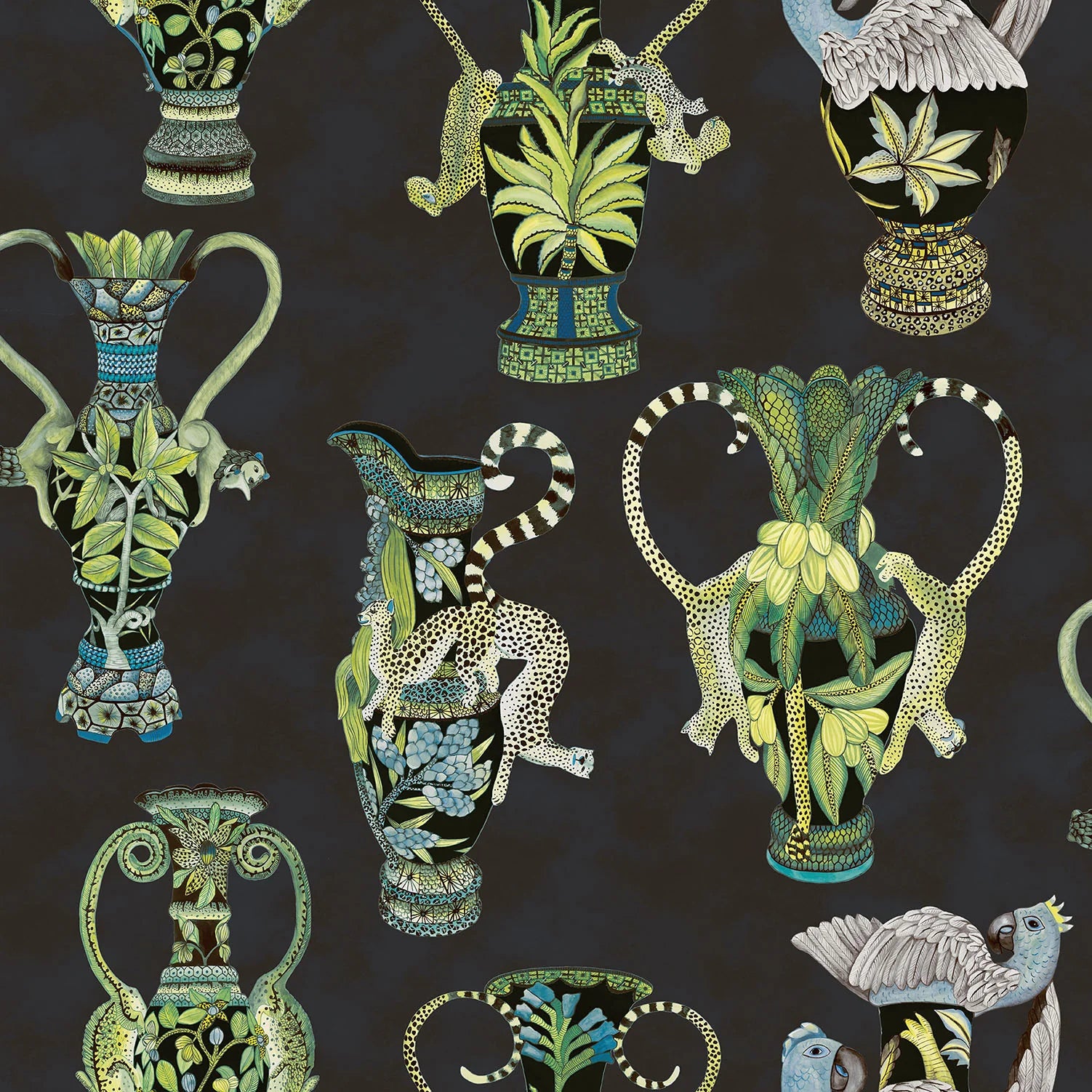 Cole & Son Ardmore Khulu Vases, Multi Greens & Blues on Ink