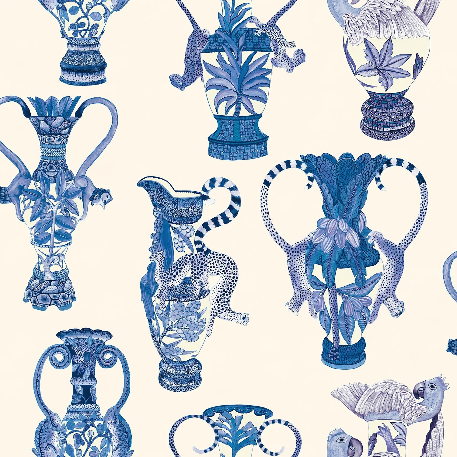 Cole & Son Ardmore Khulu Vases, China Blue on Pale Cream