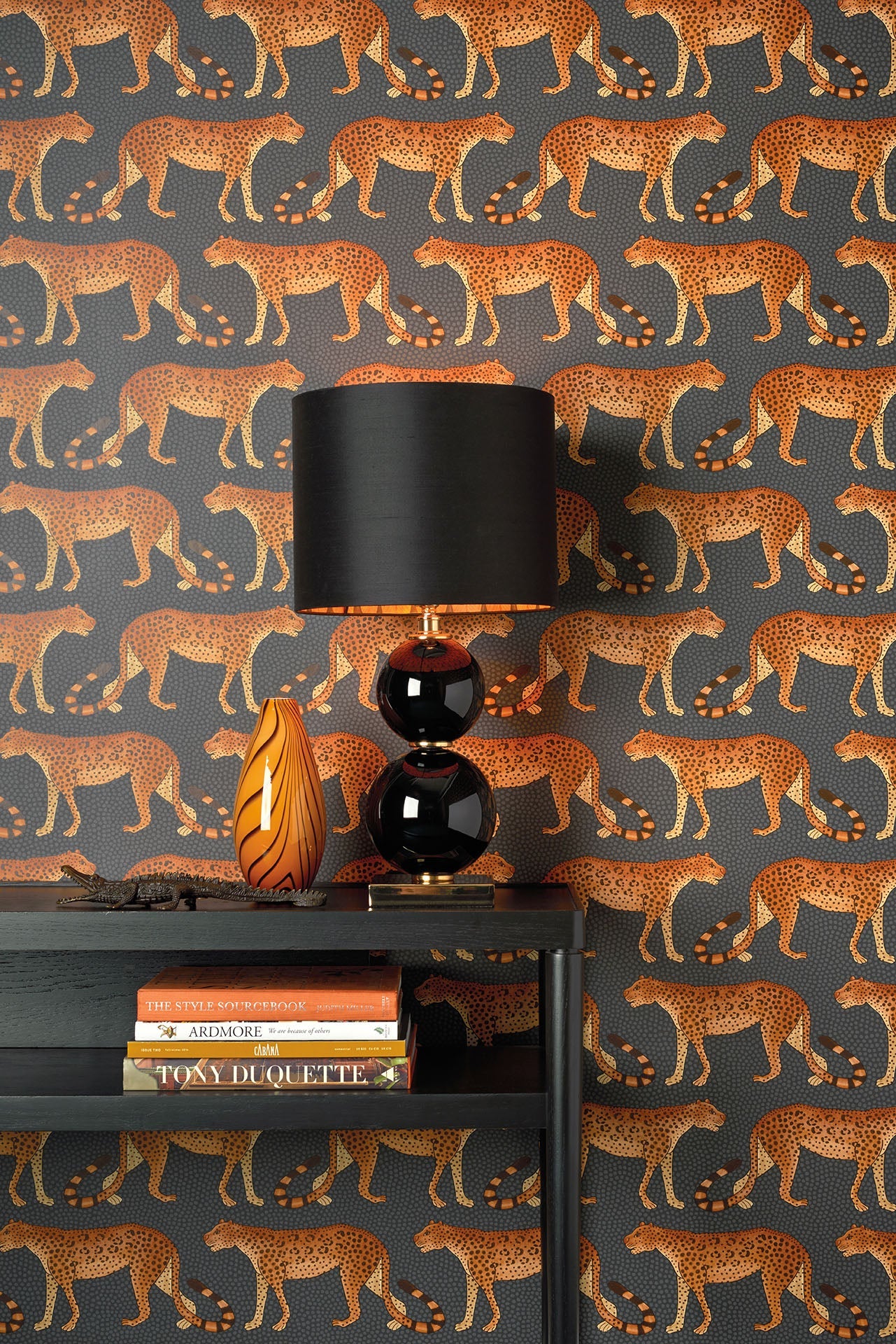Cole & Son Ardmore Leopard walk, Burnt Orange on Charcoal