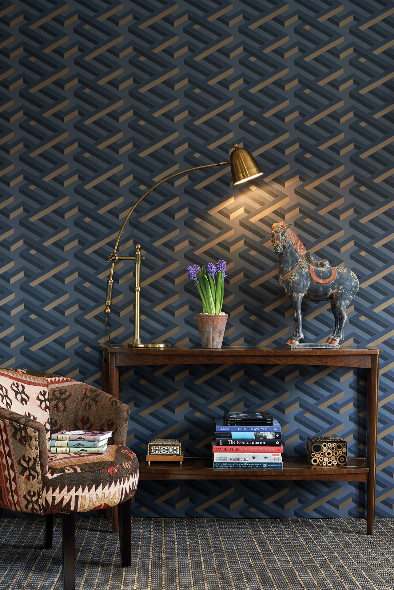 Cole & Son Geometric II Luxor, Metallic Bronze on Slate Grey