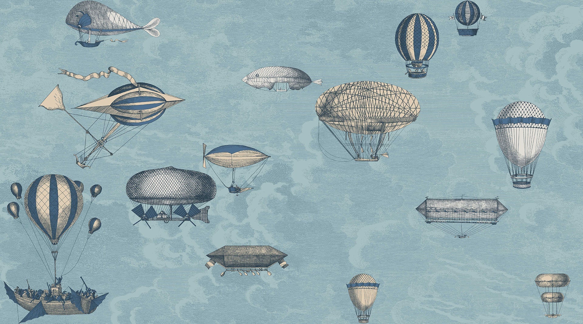 Cole & Son Fornasetti Macchine Volanti, Sky Blue & Metallic Gilver