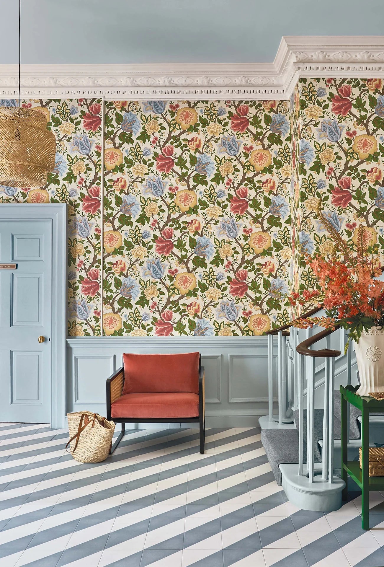 Cole & Son The Pearwood Collection. Midsummer Bloom, Chartreuse, Rouge & Leaf Green on Parchment
