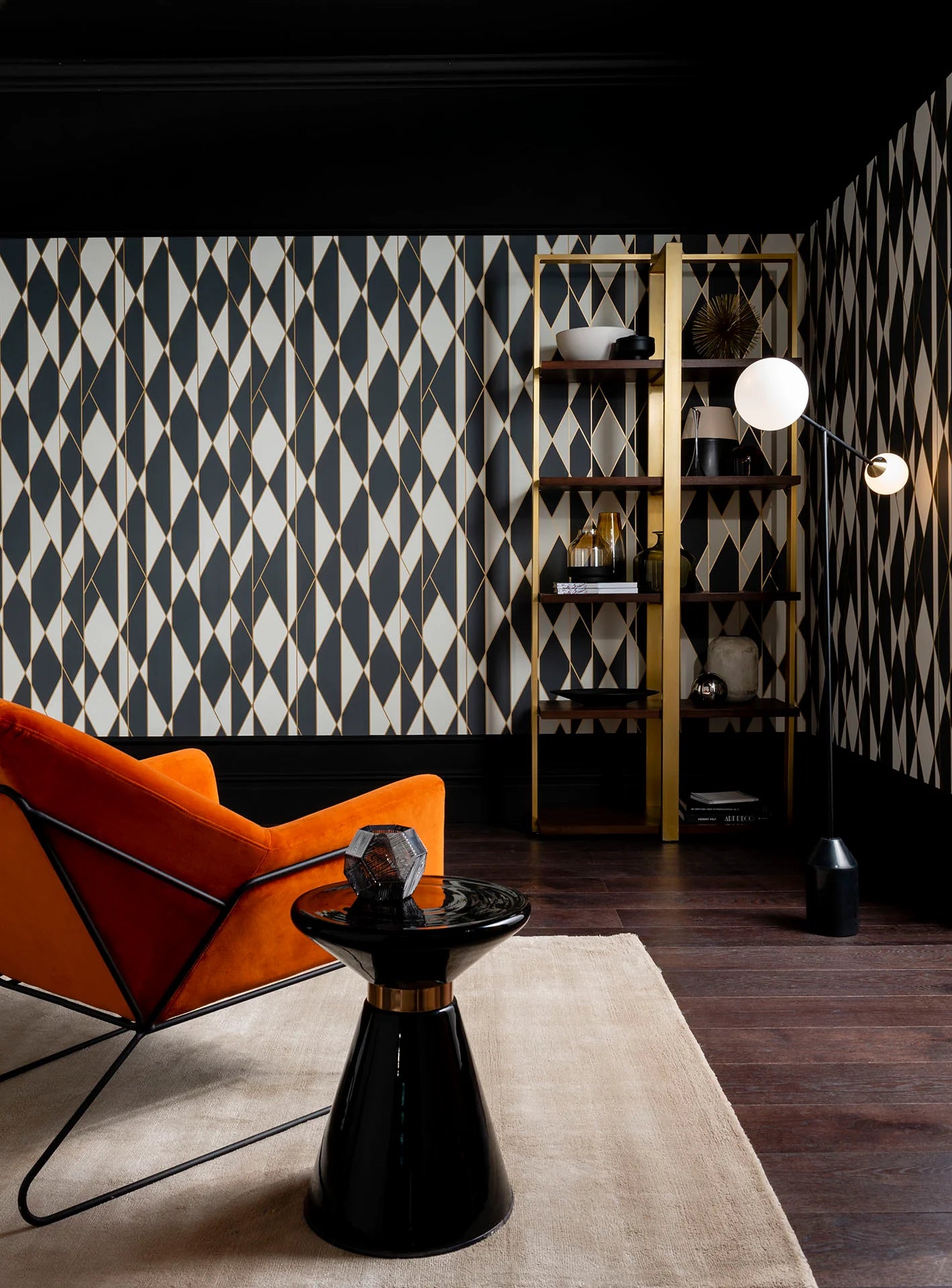 Cole & Son Geometric II Oblique, Black, White and Metallic Gold