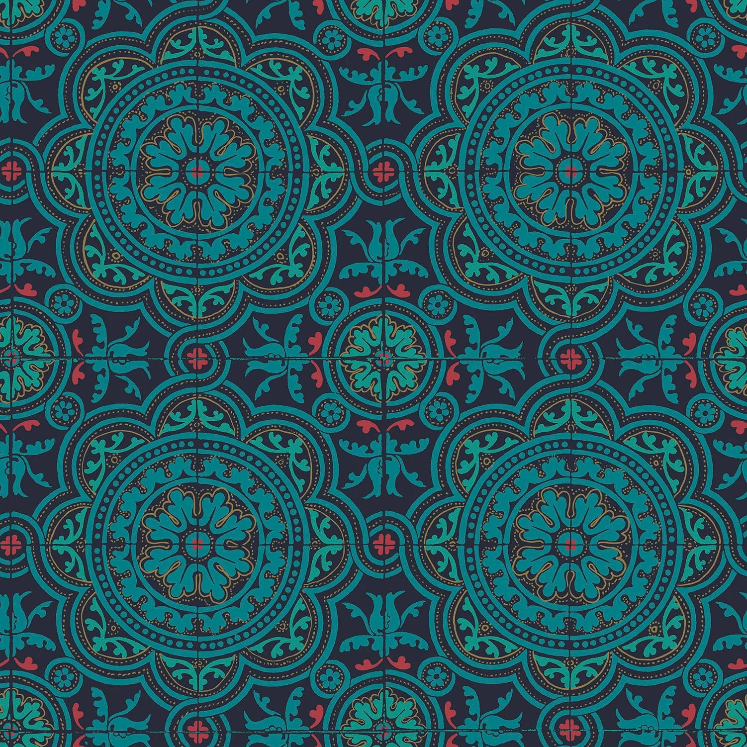 Cole & Son Seville Piccadilly, Petrol, Red & Metallic Gold on Ink