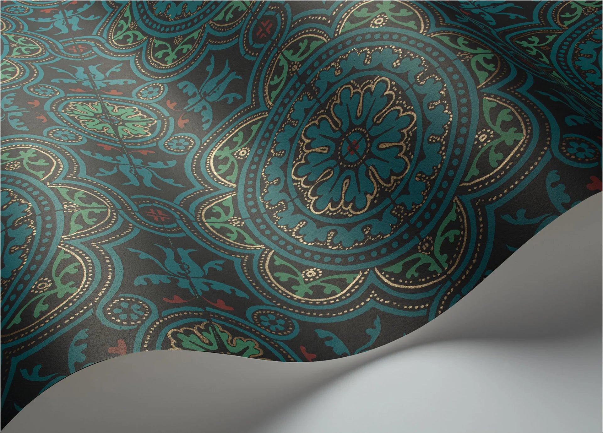 Cole & Son Seville Piccadilly, Petrol, Red & Metallic Gold on Ink