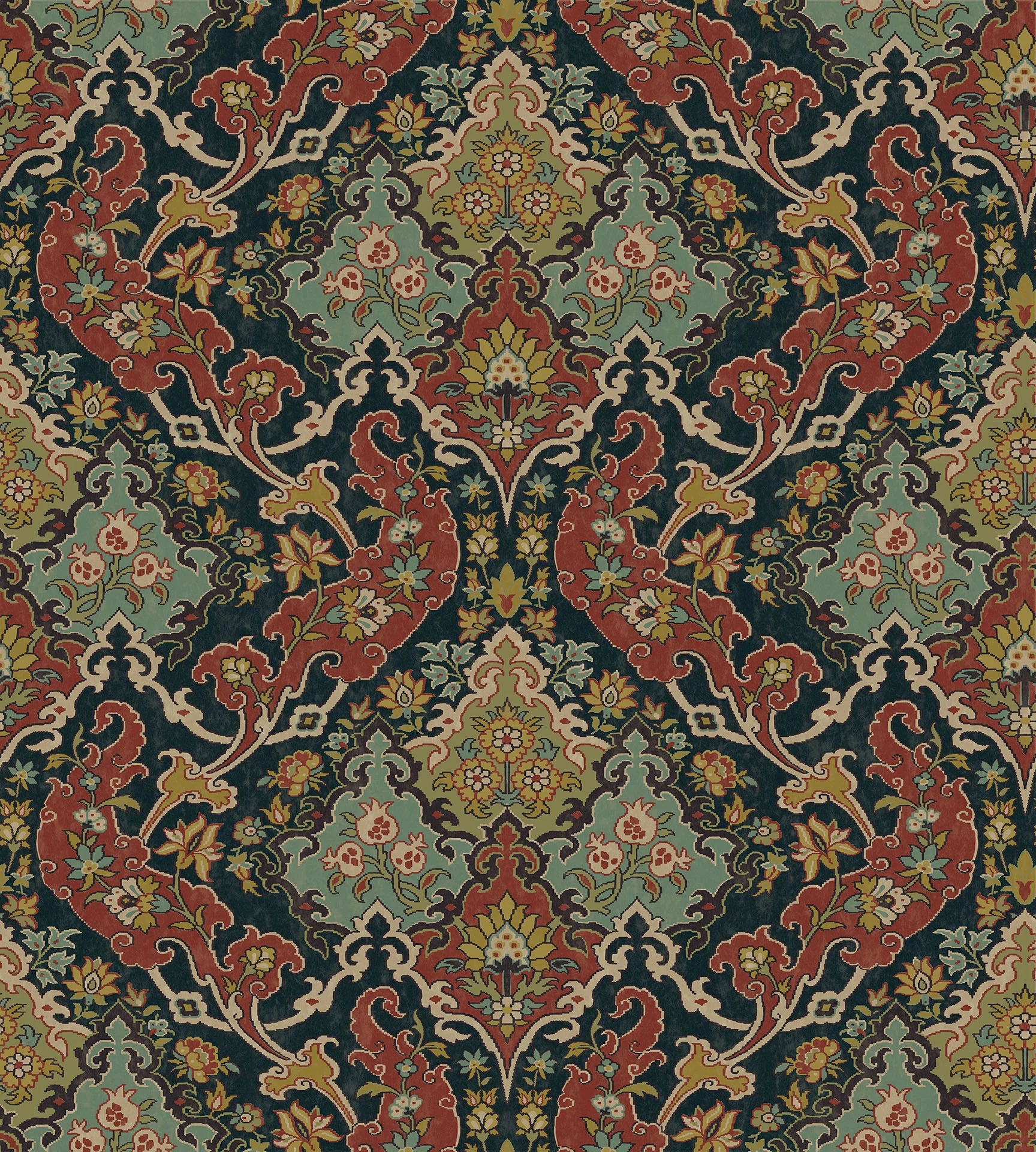 Cole & Son Mariinsky Damask Pushkin, Seafoam & Red on Charcoal