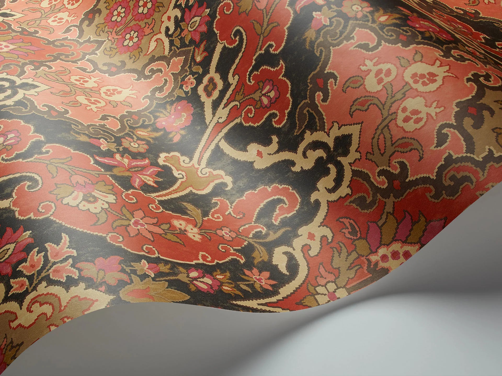 Cole & Son Mariinsky Damask Pushkin, Coral & Rouge on Soot