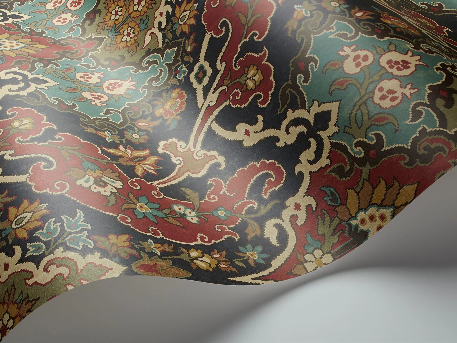 Cole & Son Mariinsky Damask Pushkin, Seafoam & Red on Charcoal